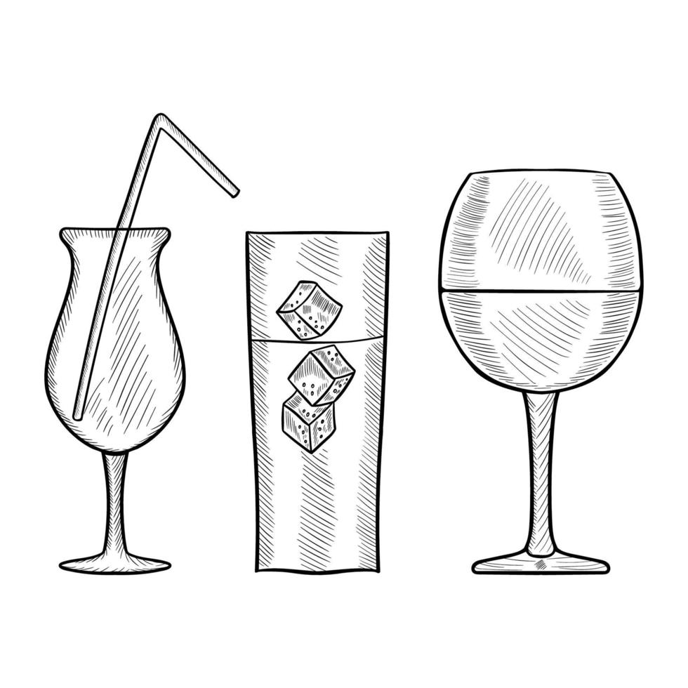 Vector hand drawn set of cocktails and alcohol drinks in sketch style. Isolated on white.