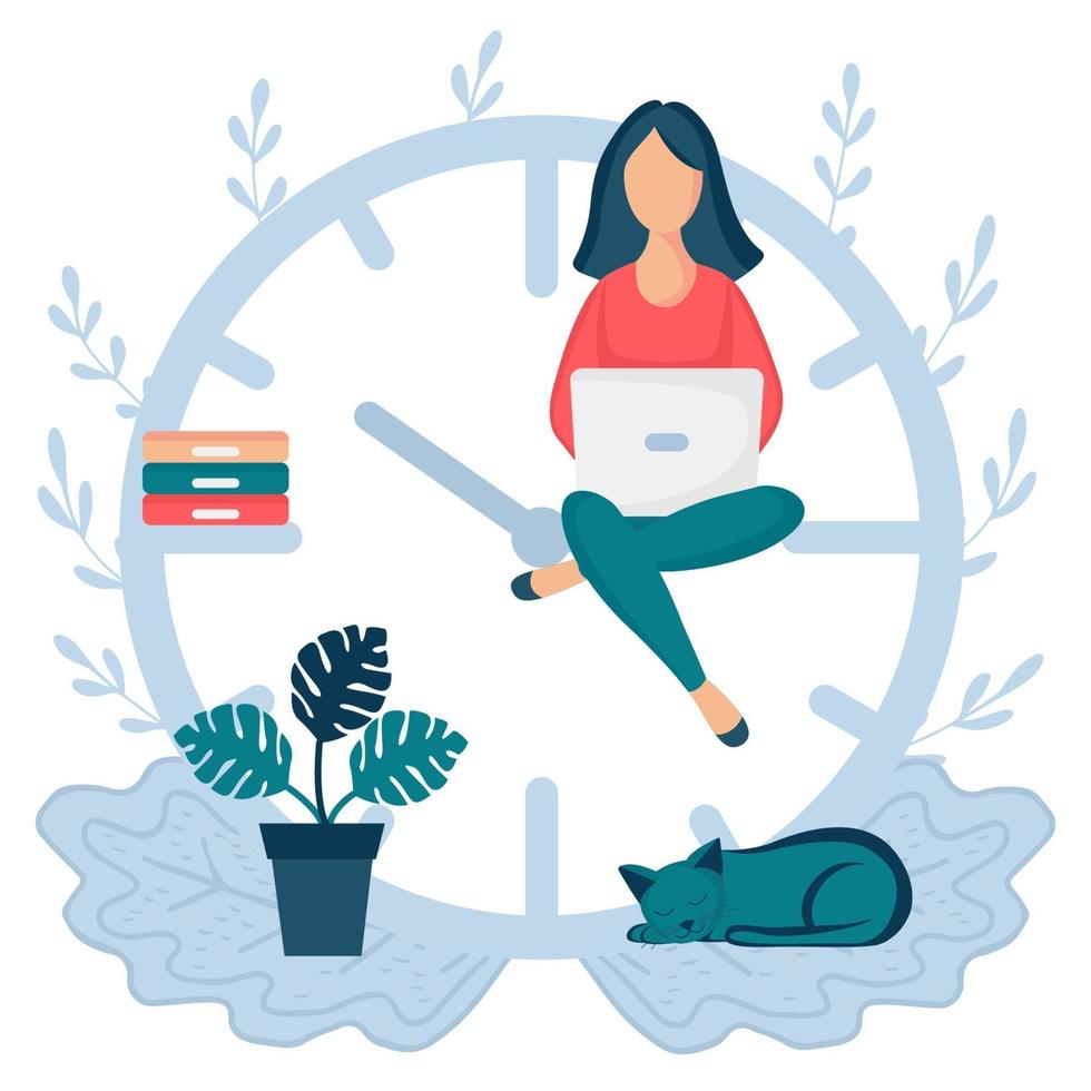 Mujer feliz sentada en las flechas del reloj y trabajando en su computadora portátil vector