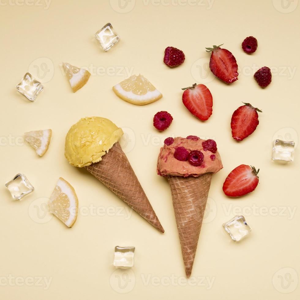 Top view delicious ice cream with strawberries photo