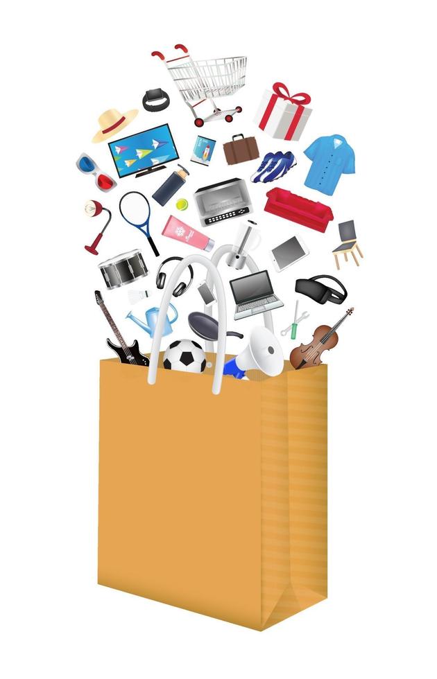 general shopping items floating over brown paper bag vector