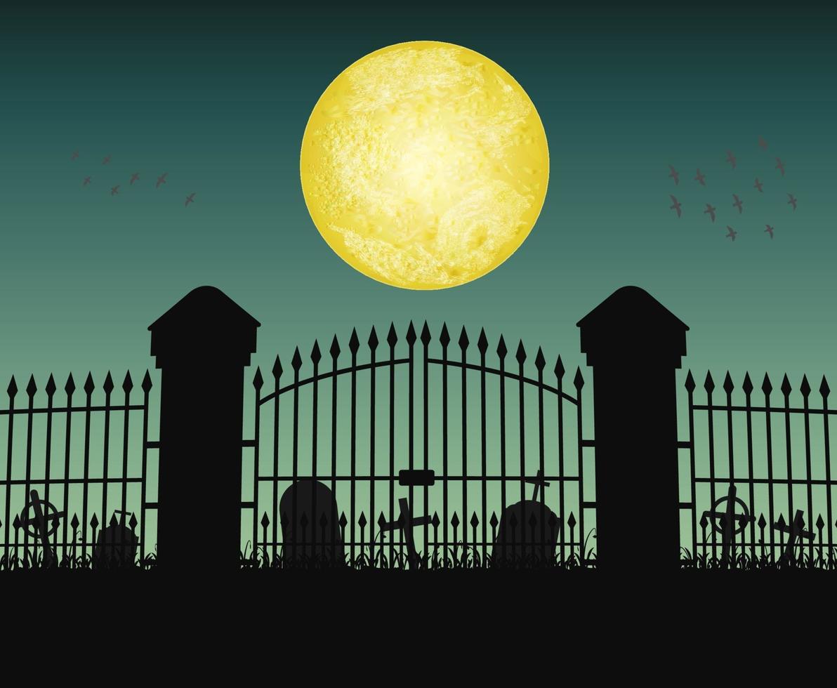 silueta, cementerio, cementerio, puerta, con, luna, noche vector