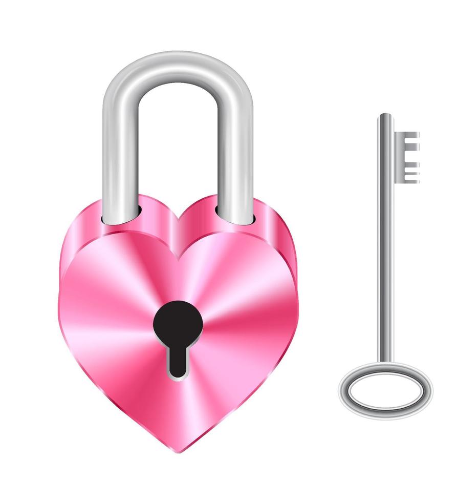Steel master key and pink heart-shaped lock vector