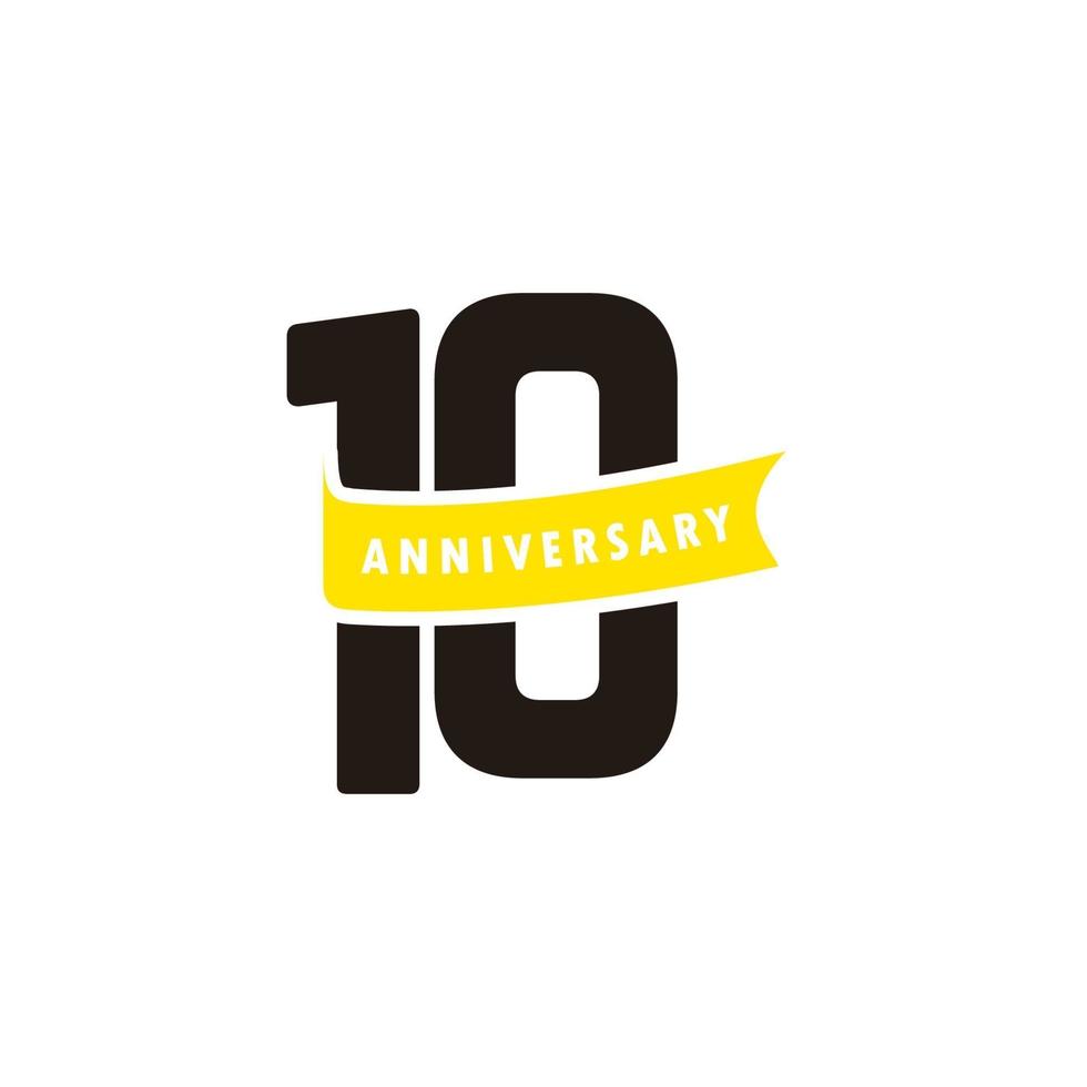 10 Years Anniversary Number With Yellow Ribbon Celebration Vector Template Design Illustration