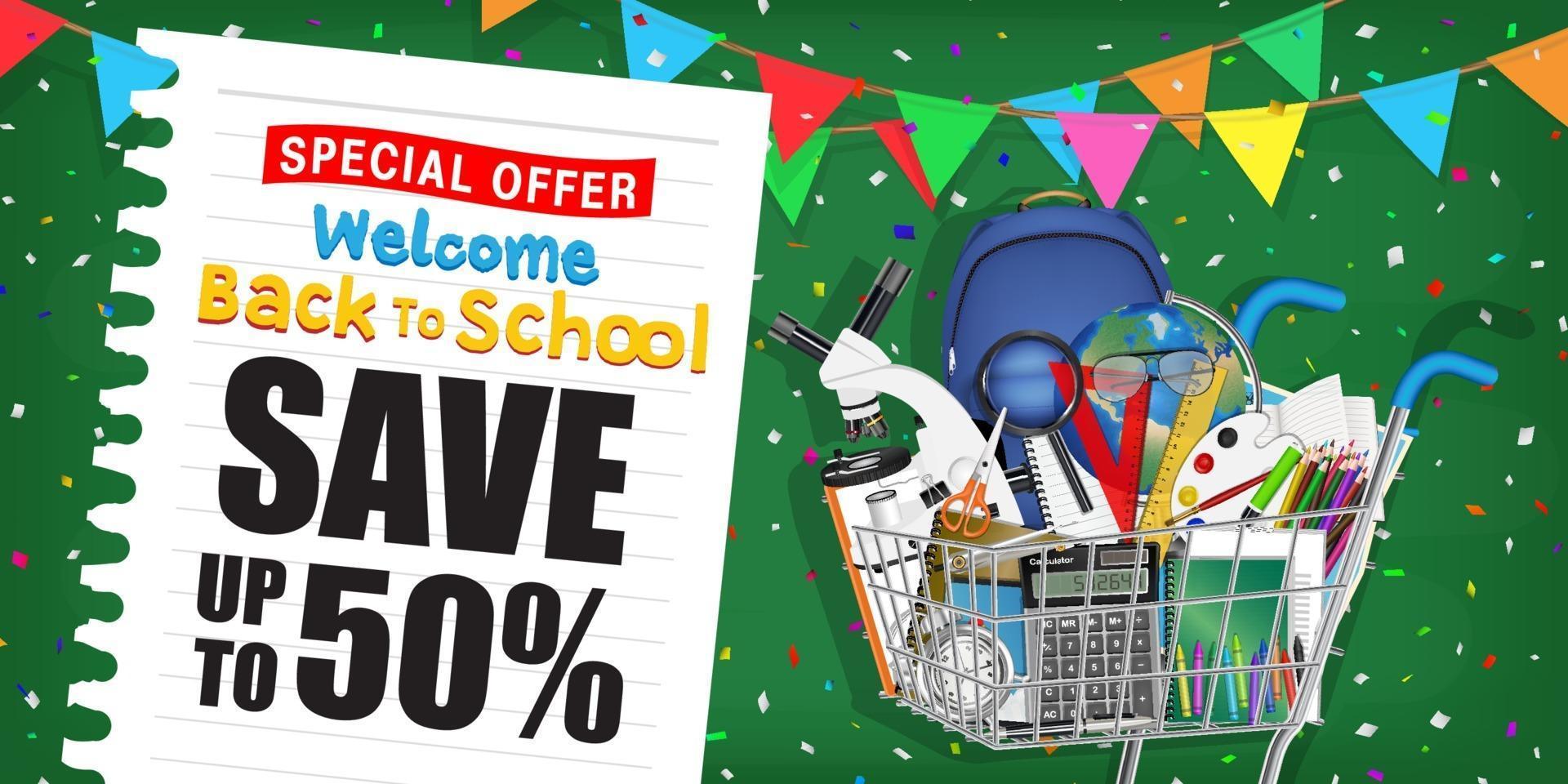 back to school sale promotion poster with shopping cart vector