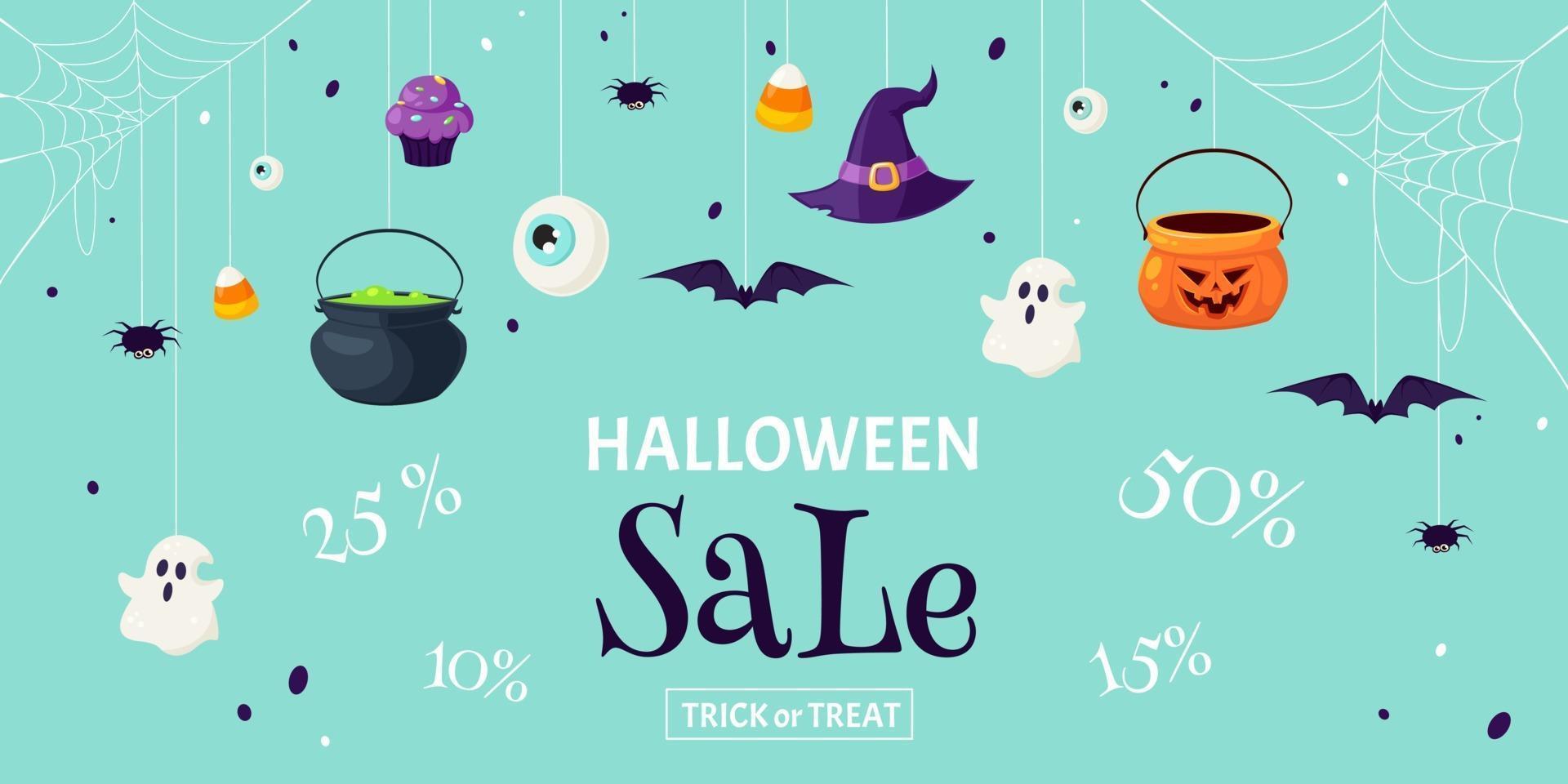 Halloween sale background. Halloween discounts. Trick or Treat. Vector illustration in flat style.