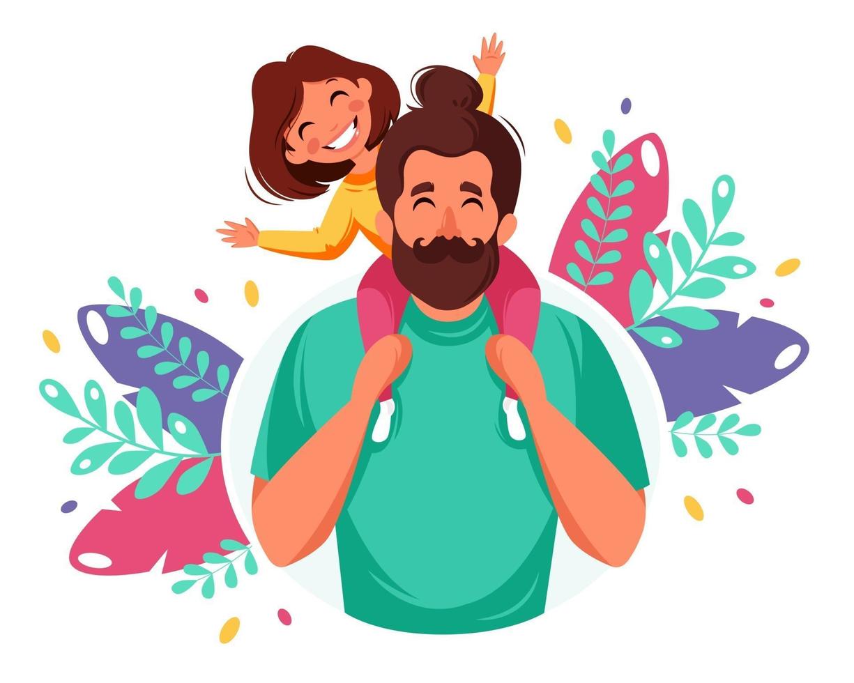 Happy Father's Day. Man with daughter in his shoulders. Vector illustration.