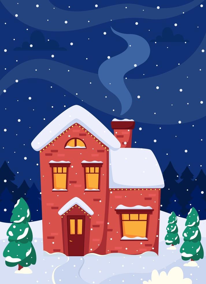 Winter landscape with house, fir-trees, moon. Vector illustration.