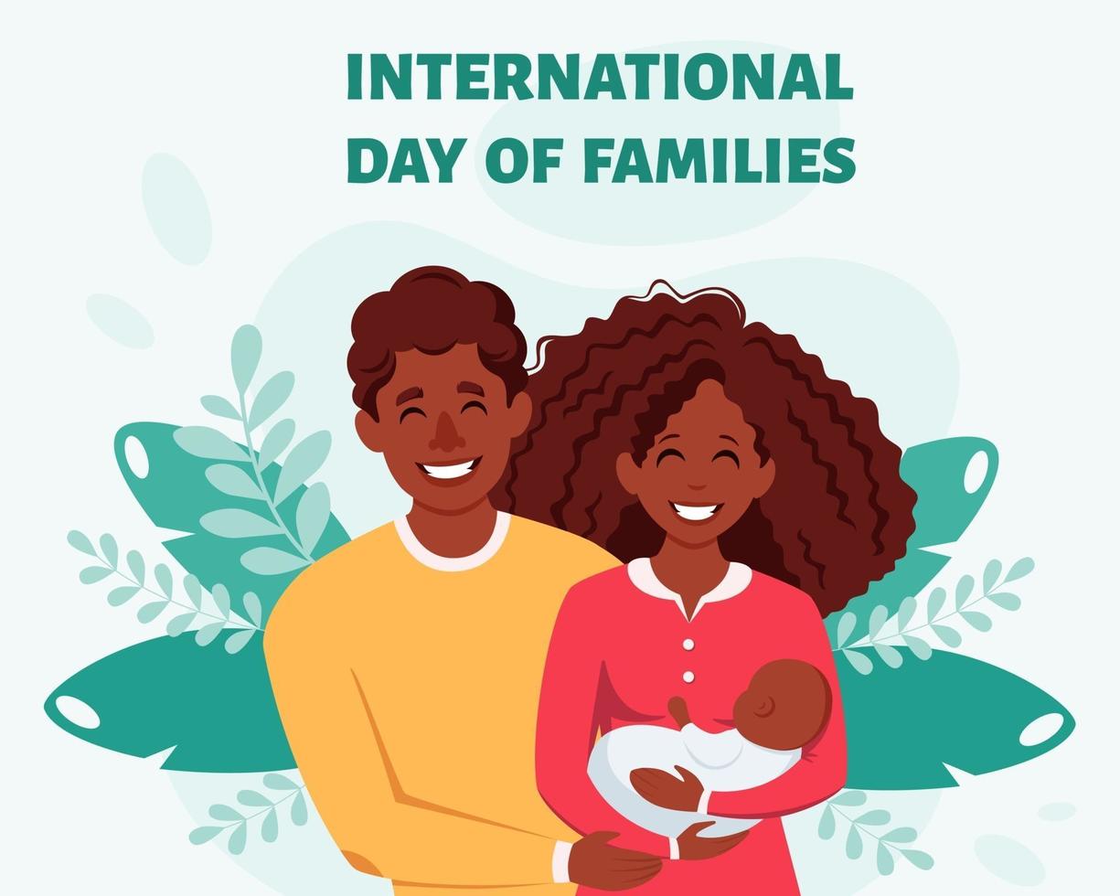 feliz familia negra con bebé recién nacido. dia internacional de las familias. familia afroamericana. ilustración vectorial vector
