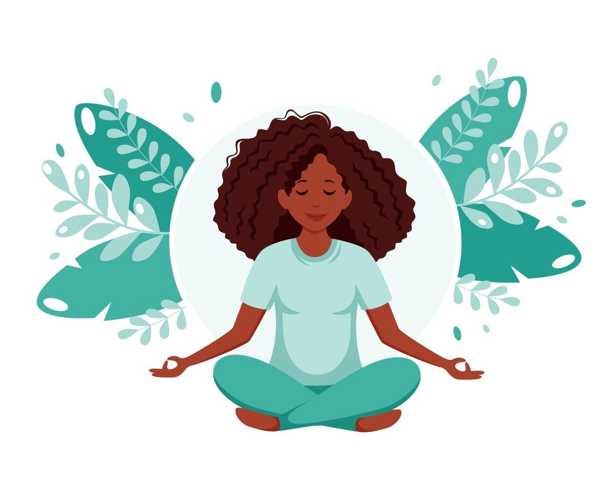 mujer negra meditando. estilo de vida saludable, yoga, meditación, relax, recreación. ilustración vectorial. vector