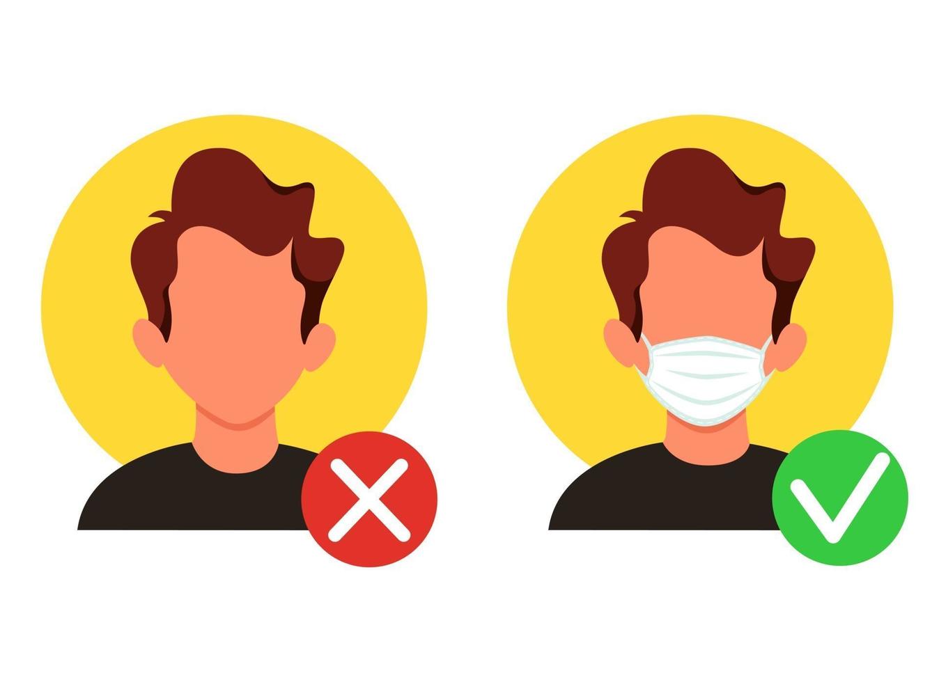 No entry without a face mask. Wear face mask. Right and wrong wearing a mask. Vector illustration in a flat style.