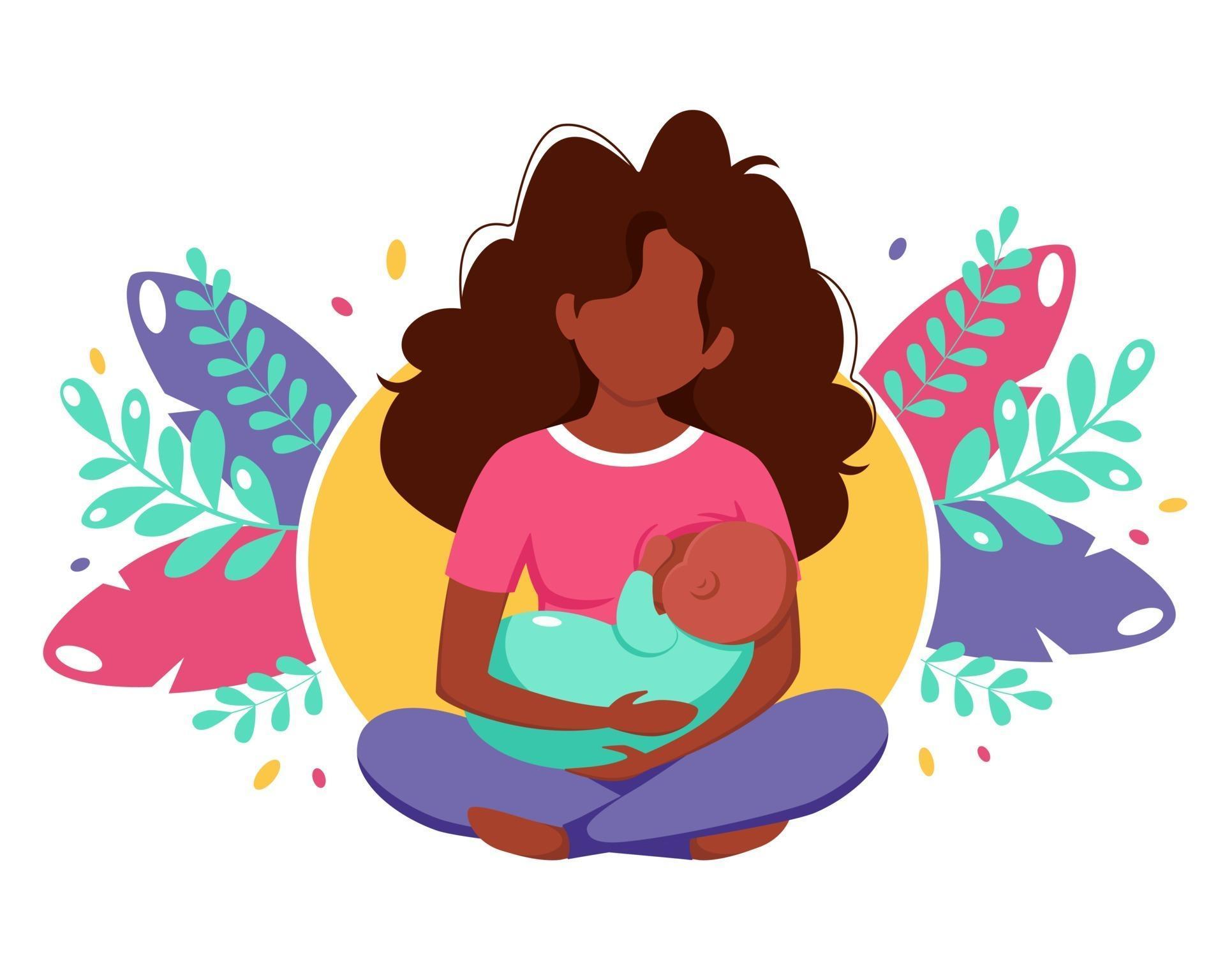 Breastfeeding concept. Black woman feeding a baby with breast on leaves