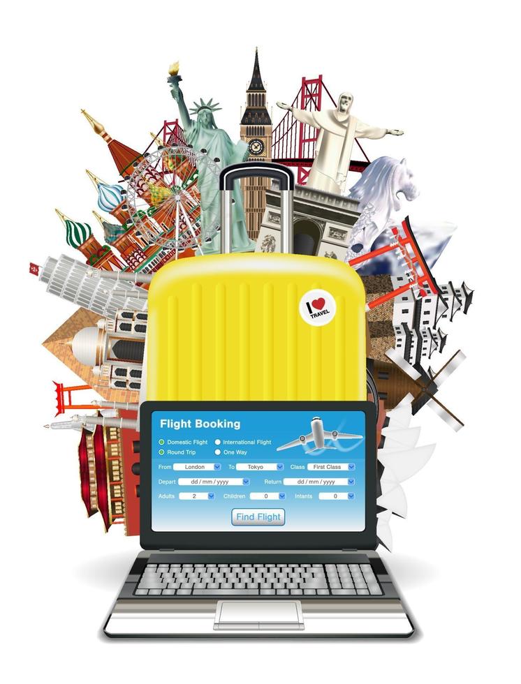 laptop online flight booking with world landmarks vector