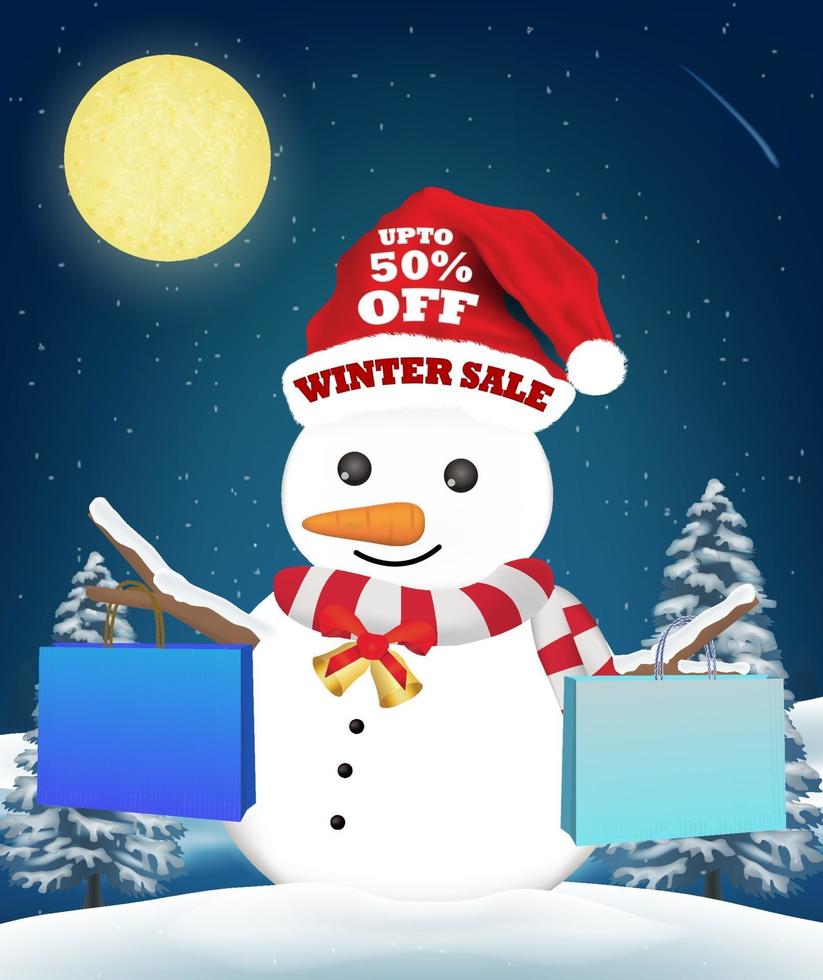 muñeco de nieve con bolsa de papel de compras de venta de invierno vector