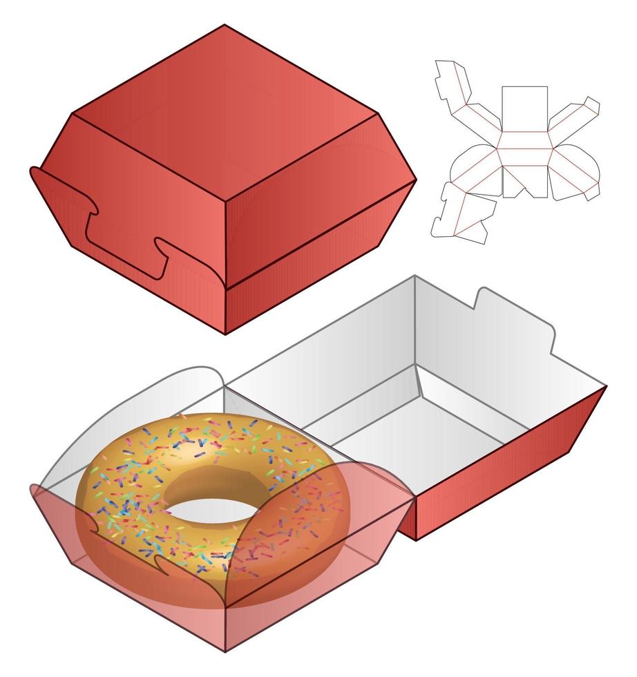 Diseño de plantilla troquelada de embalaje de caja de comida de rosquilla. vector