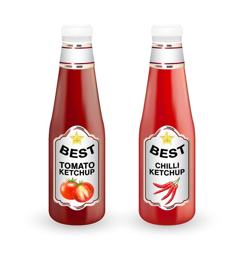 real tomato and chilli ketchup bottle on a white background vector