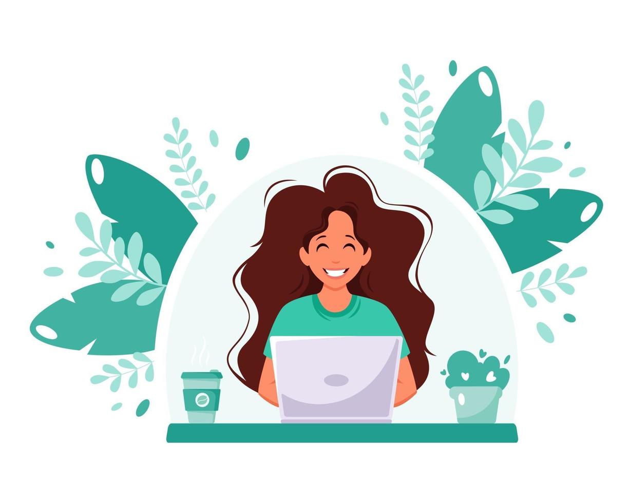 mujer que trabaja en la computadora portátil. freelance, estudio en línea, concepto de trabajo remoto. oficina en casa. ilustración vectorial en estilo plano. vector