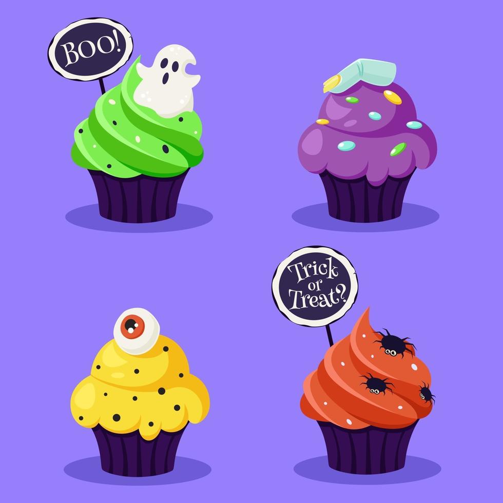 feliz Halloween. cupcakes espeluznantes con ojo, araña, fantasma. ilustración vectorial en estilo plano. vector