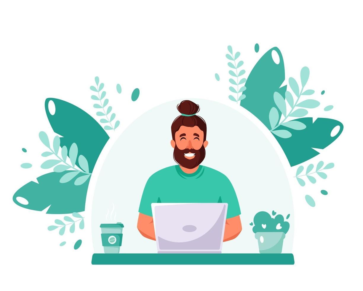 Man working on laptop. Freelance, online studying, remote work concept. Home office. Vector illustration in flat style.