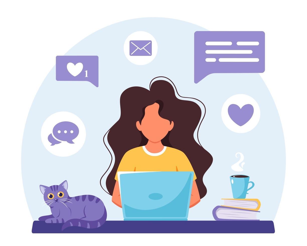 Woman working on laptop. Freelance, online studying, remote work concept. Vector illustration