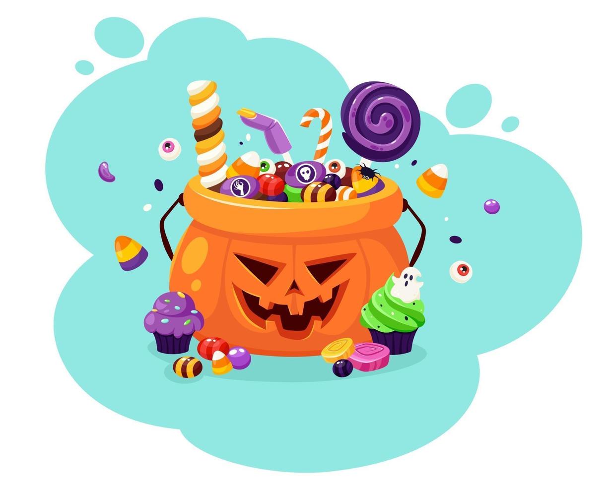 Happy Halloween. Pumpkin with creepy sweets and candies. Vector illustration in flat style.