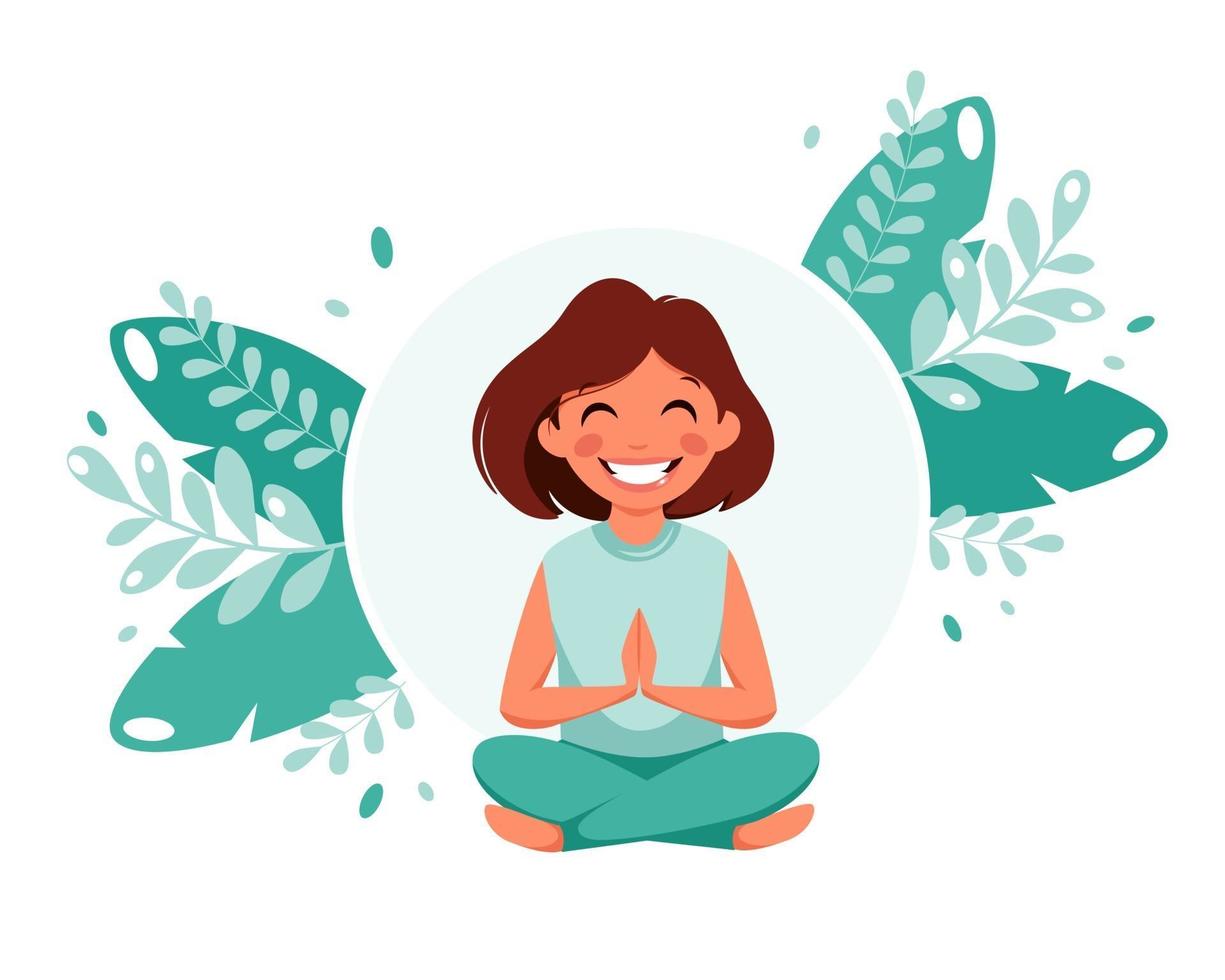 niña meditando. estilo de vida saludable para niños, yoga, meditación, ejercicio. ilustración vectorial. vector