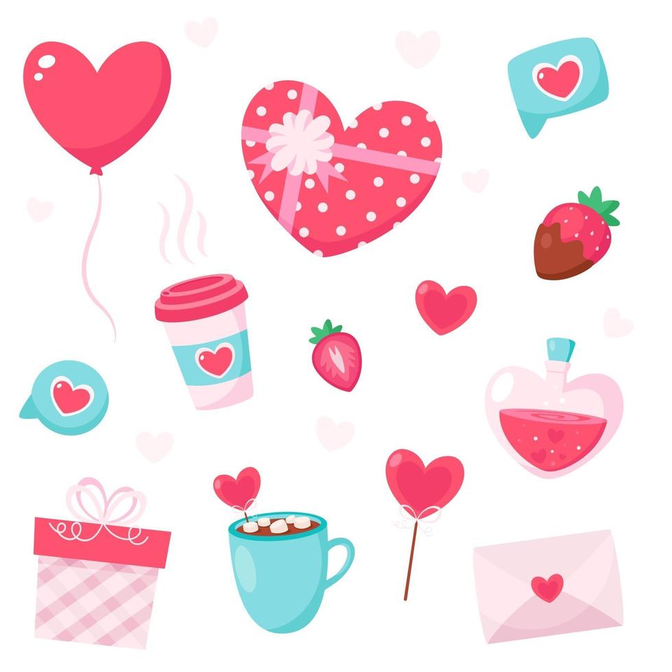 feliz día de san valentín elementos. regalo, corazón, globo, fresa, carta de amor. ilustración vectorial. vector