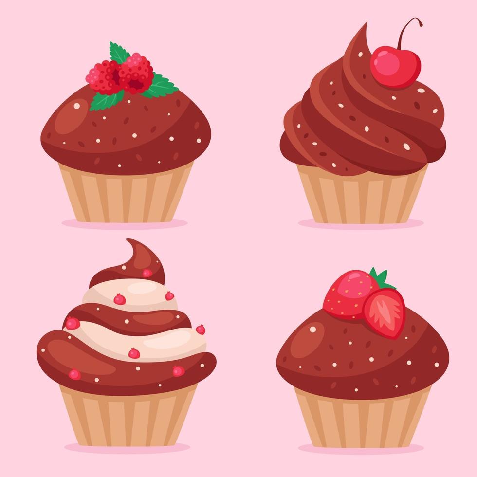 cupcakes de chocolate con fresas, frambuesas, cerezas, grosellas. cupcakes de san valentín. ilustración vectorial vector