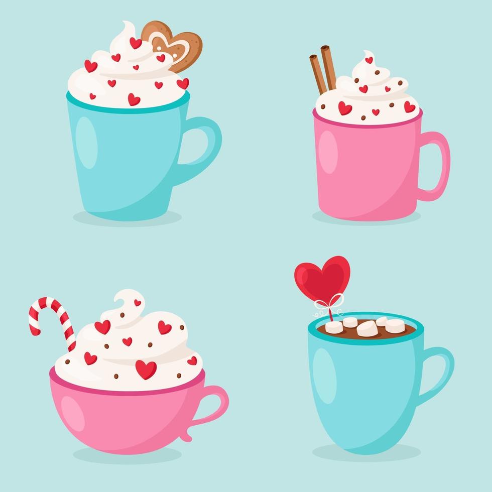 Happy Valentine's Day. Valentine's Day hot drinks collection. Vector illustration.