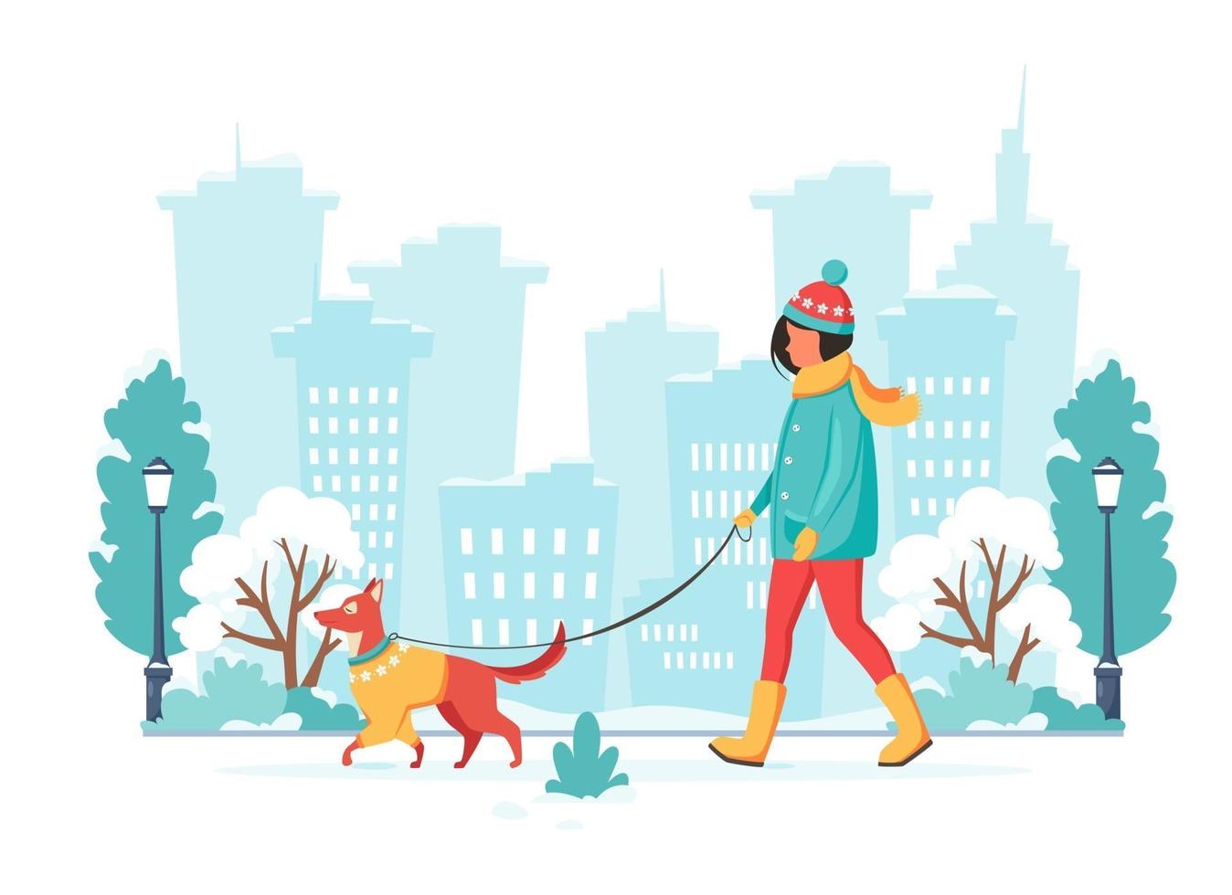 Woman walking with dog in winter city. Vector illustration