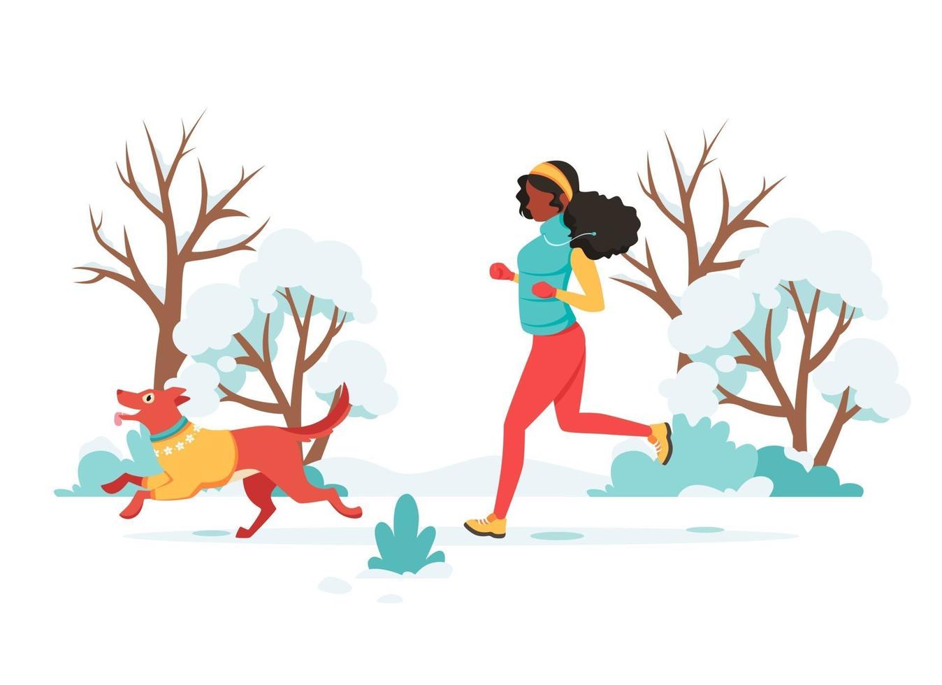 Black woman jogging with dog in winter. Outdoor activity. Vector illustration