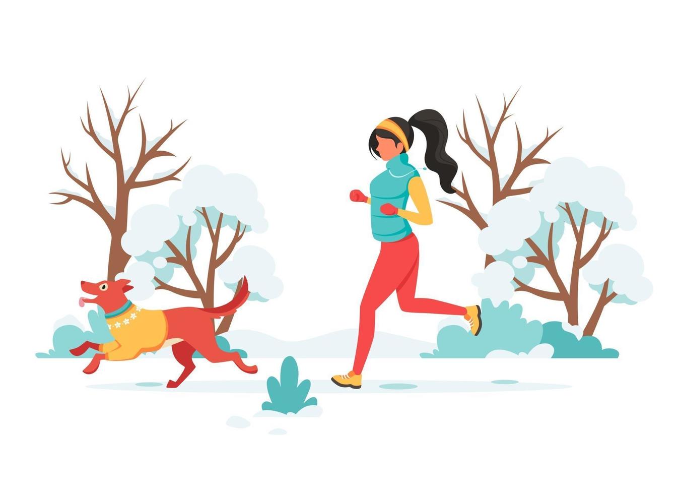 Woman jogging with dog in winter. Outdoor activity. Vector illustration