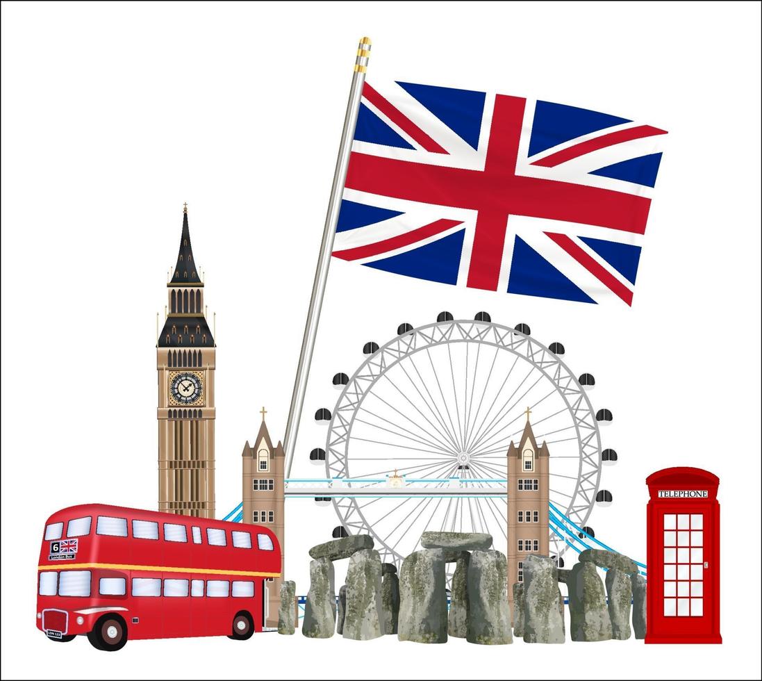 set of icons and landmarks of united kingdom vector