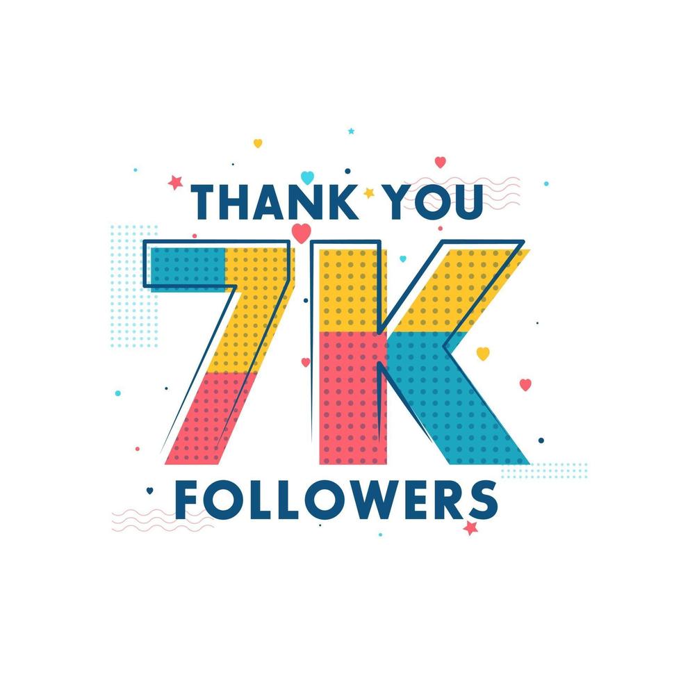 Gracias celebración de 7k seguidores, tarjeta de felicitación para 7000 seguidores en redes sociales. vector