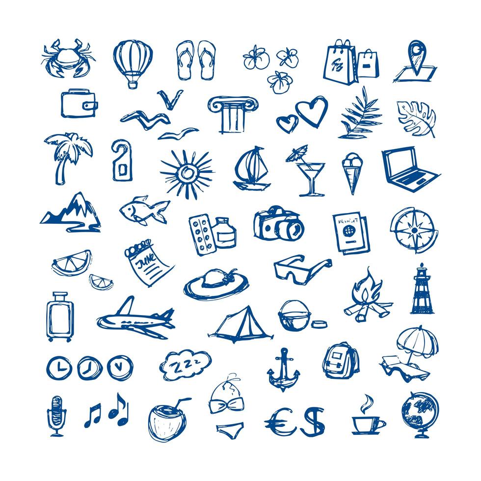 travel - vector flat icons for web. Tourism - sketch set for hotels and travel agencies.