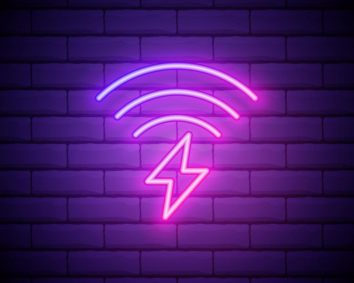 Glowing neon line Smartphone charging on wireless charger icon isolated on brick wall background. Charging battery on charging pad. Vector Illustration