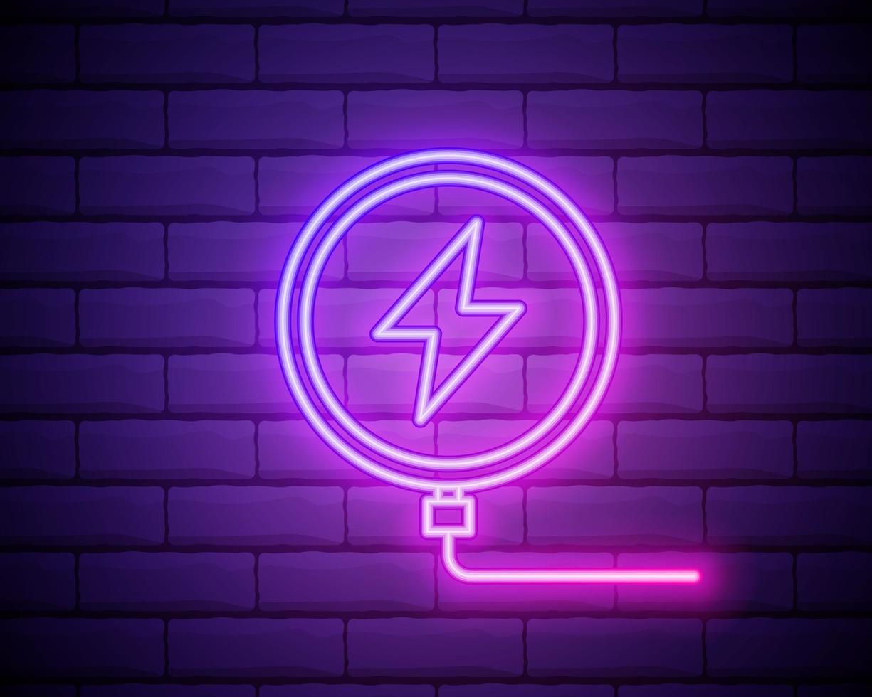 Glowing neon line Smartphone charging on wireless charger icon isolated on brick wall background. Charging battery on charging pad. Vector Illustration