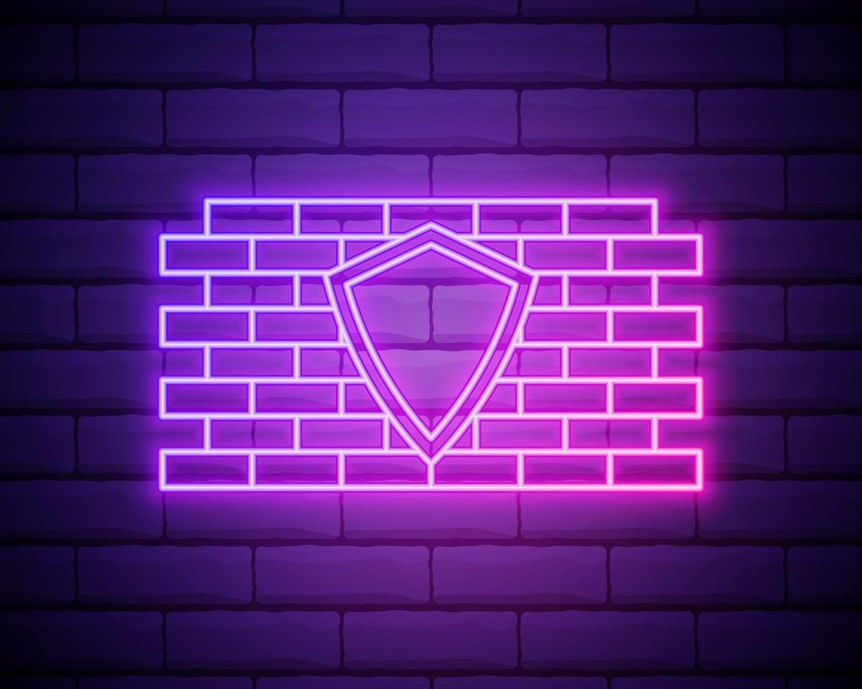 Glowing neon line Firewall, security wall icon isolated on brick wall background. Vector Illustration.