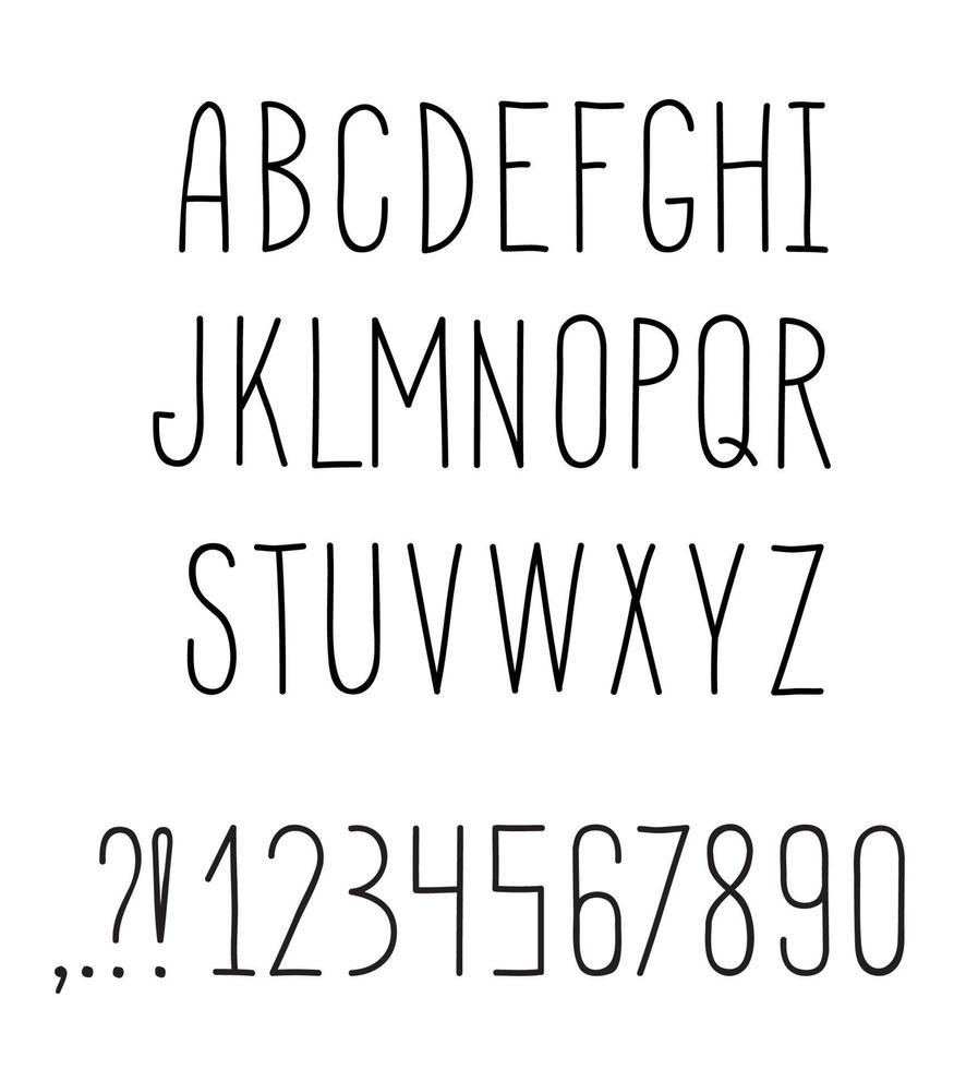 Latin alphabet. Grunge line decorative font. Hipsters sketched letter characters alphabetand numbers set vector