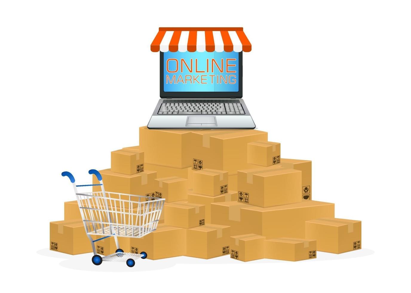 laptop online store with cardboard boxes and cart vector