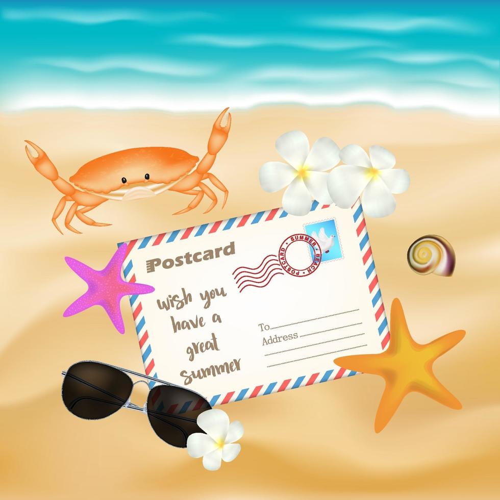 postcard and sun glasses on sea sand beach vector