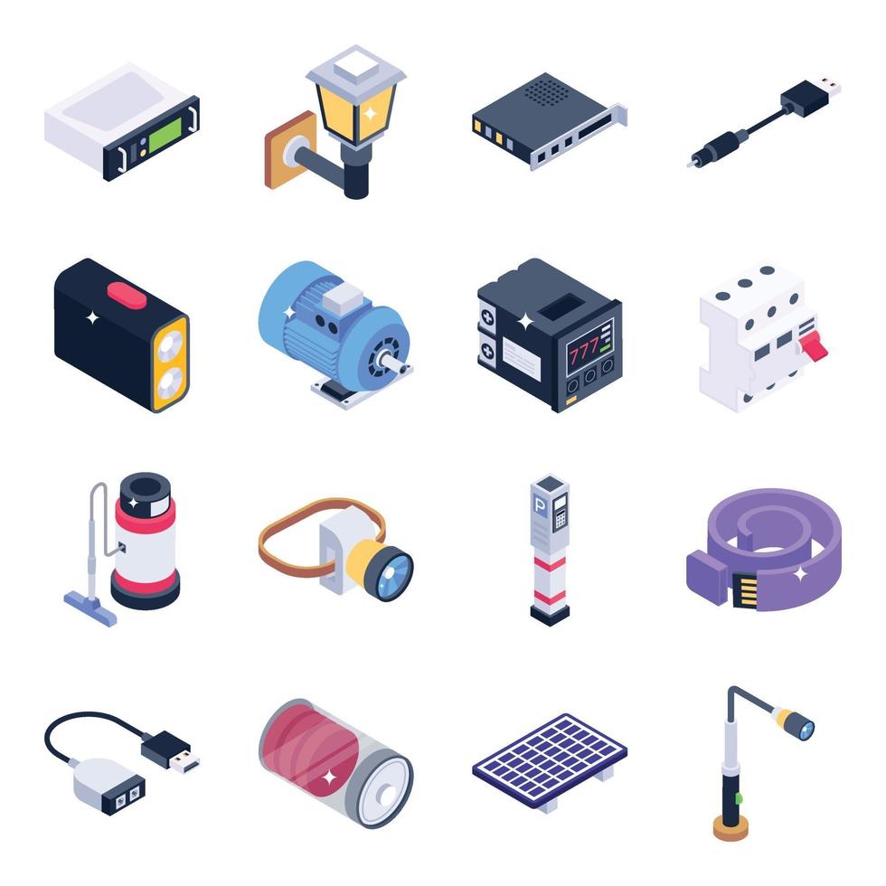 Technology Devices and Elements isometric icon set vector
