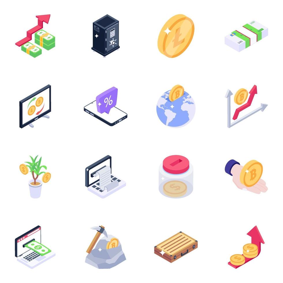 Bitcoin and Technology isometric icon set vector