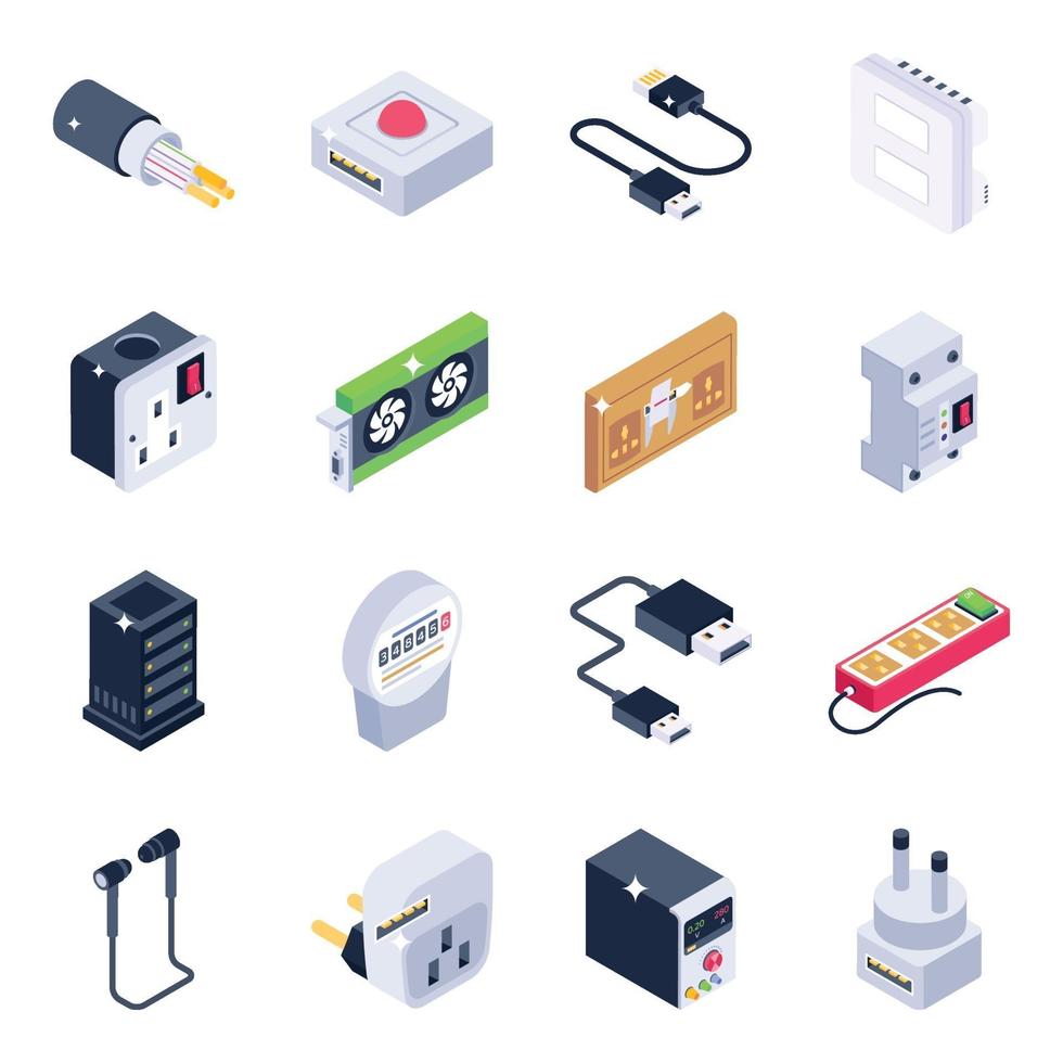 enchufes eléctricos y conjunto de iconos isométricos actuales vector