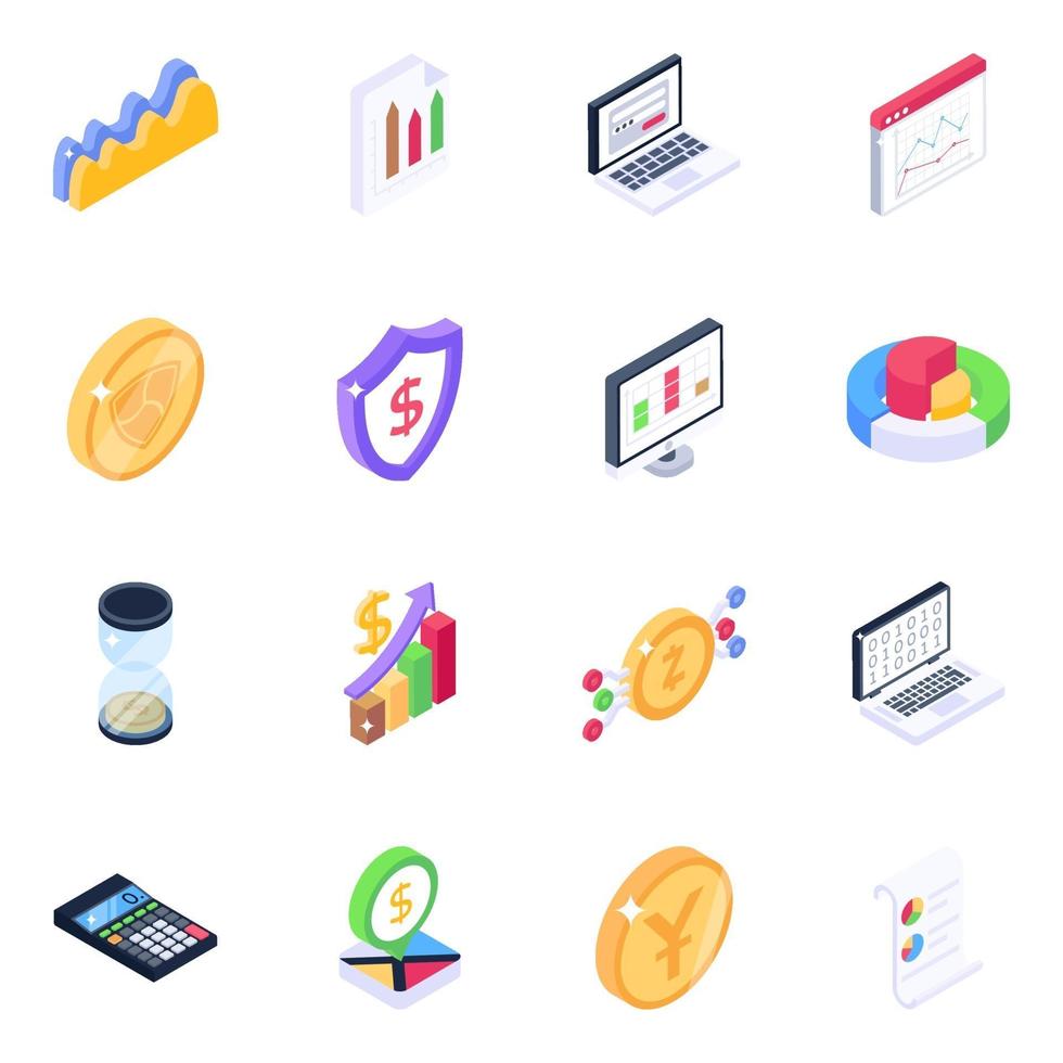 Statistics and Cryptocurrency Technology isometric icon set vector