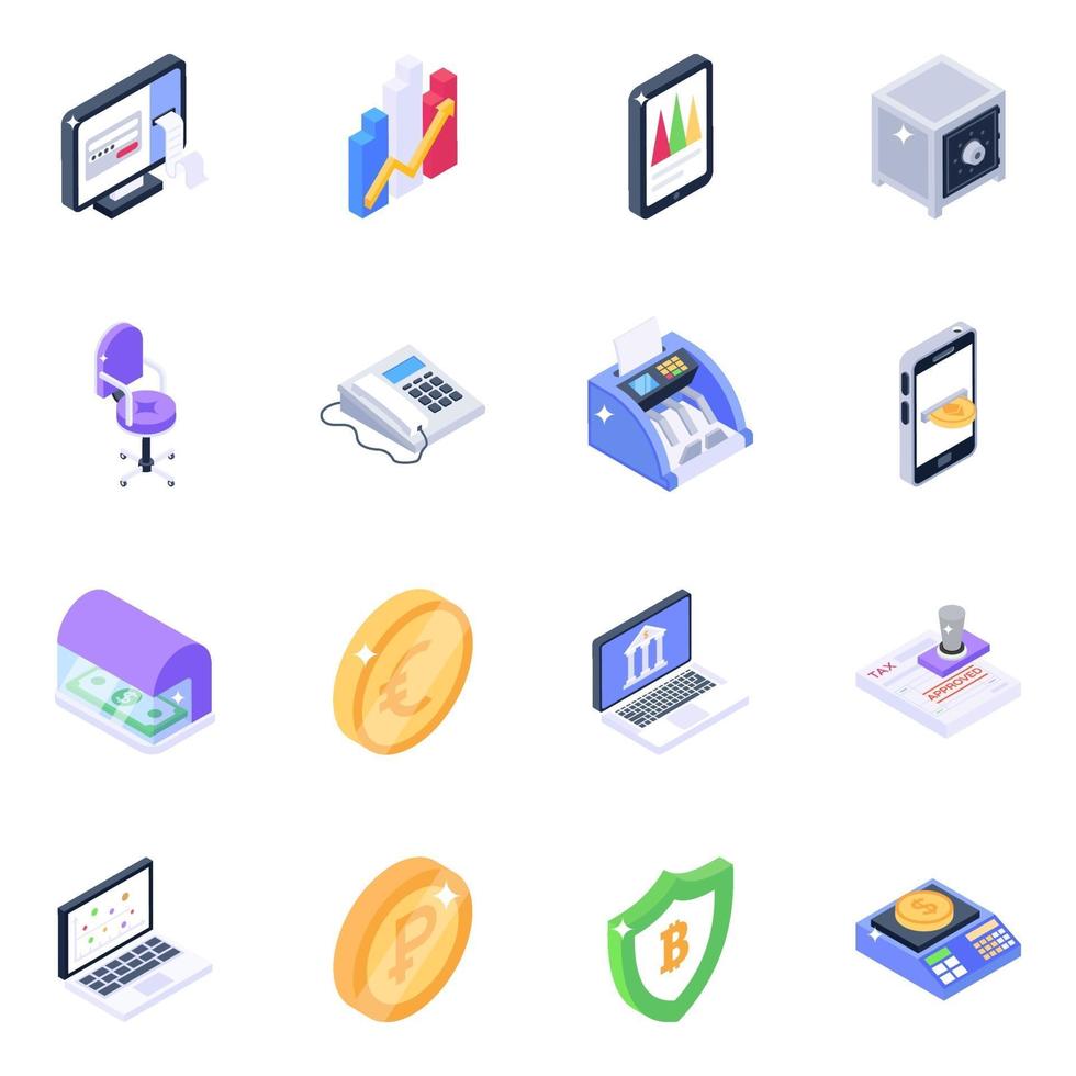 Banking Machine and Mobile Infographics isometric icon set vector