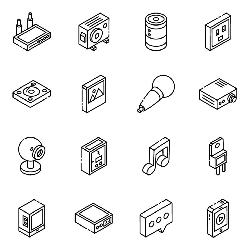 multimedia y elementos isométricos conjunto de iconos vector