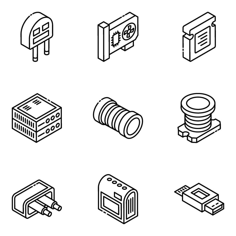 Conjunto de iconos isométricos de componentes electrónicos de moda vector