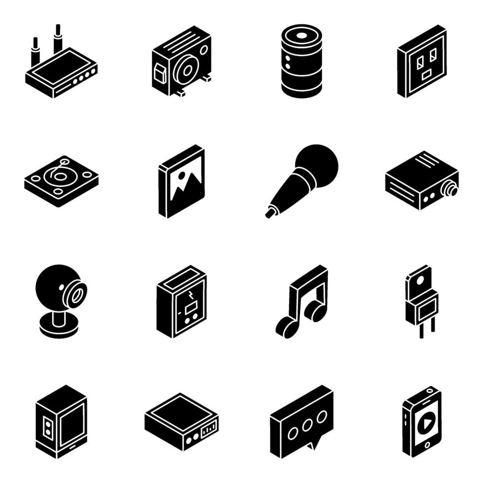 multimedia y elementos isométricos conjunto de iconos vector