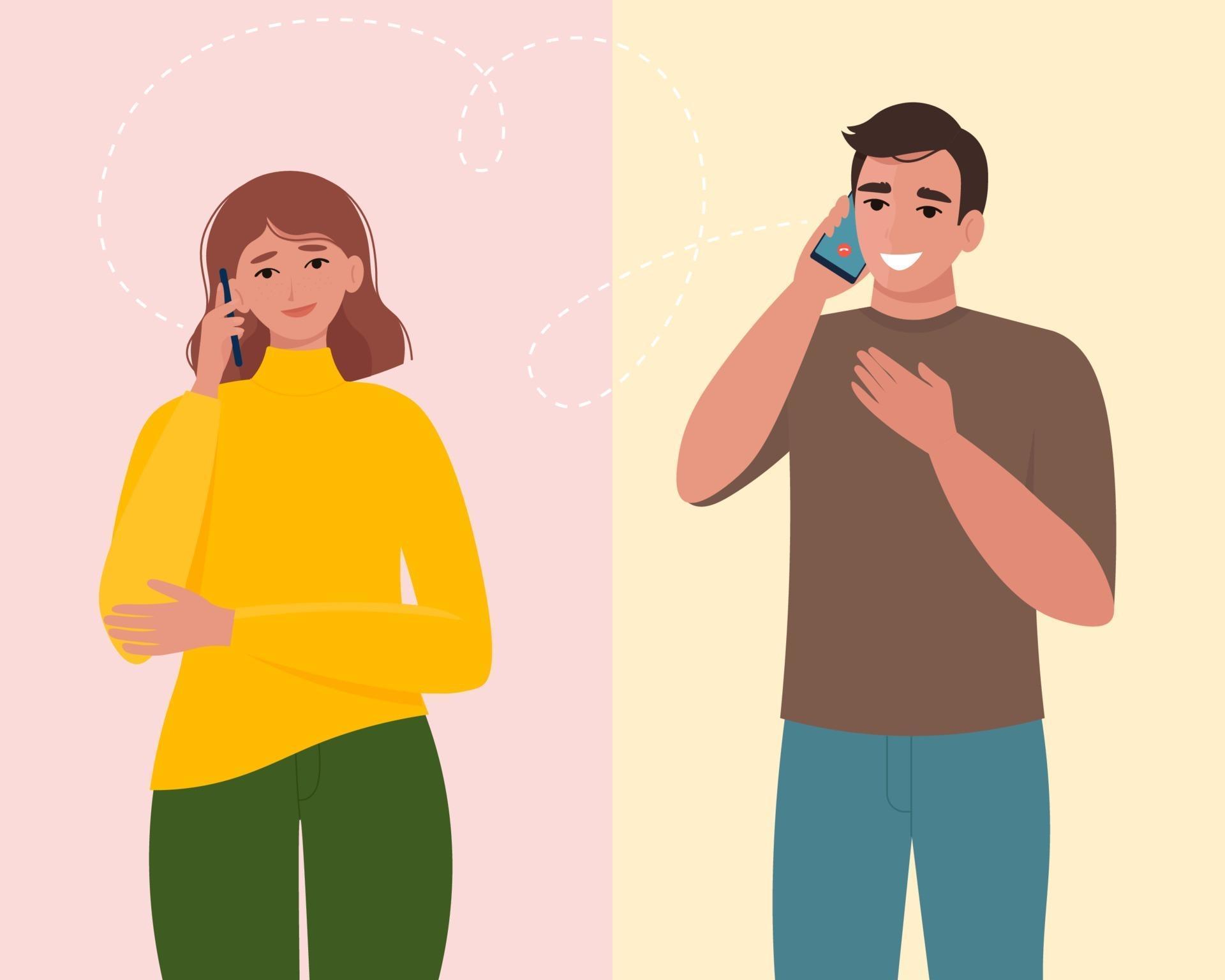 Man And Woman Talking On The Phone Communication And Conversation With Smartphone Vector 