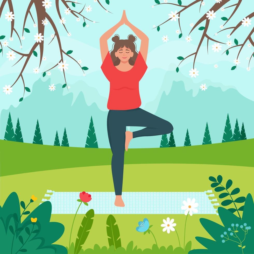Woman doing yoga on the spring mountains landscape. Relaxing healthy fitness concept. Summer activity. Vector illustration in flat style